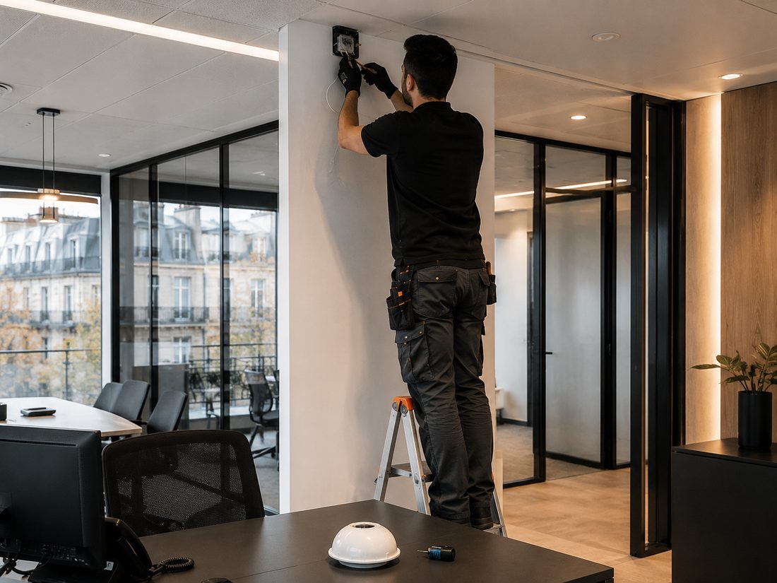 Pose d'un détecteur d'alarme intrusion dans les bureaux d'un cabinet d'expertise comptable à Paris