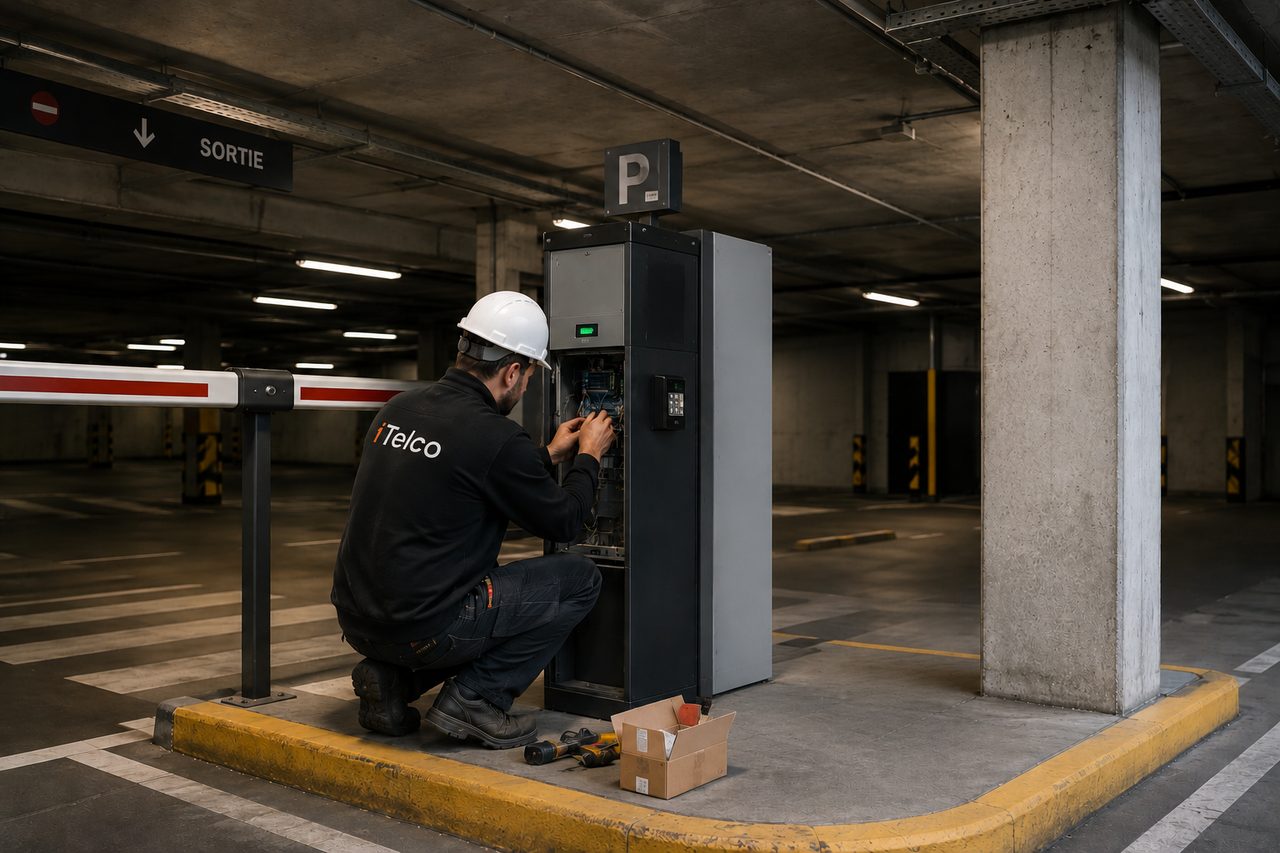 Technicien iTelco intervenant sur la borne de contrôle d'accès d'un parking souterrain VINCI à Lille