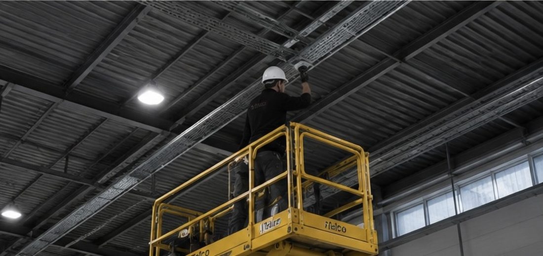 Technicien iTelco installant une caméra en nacelle sous la charpente d'une usine