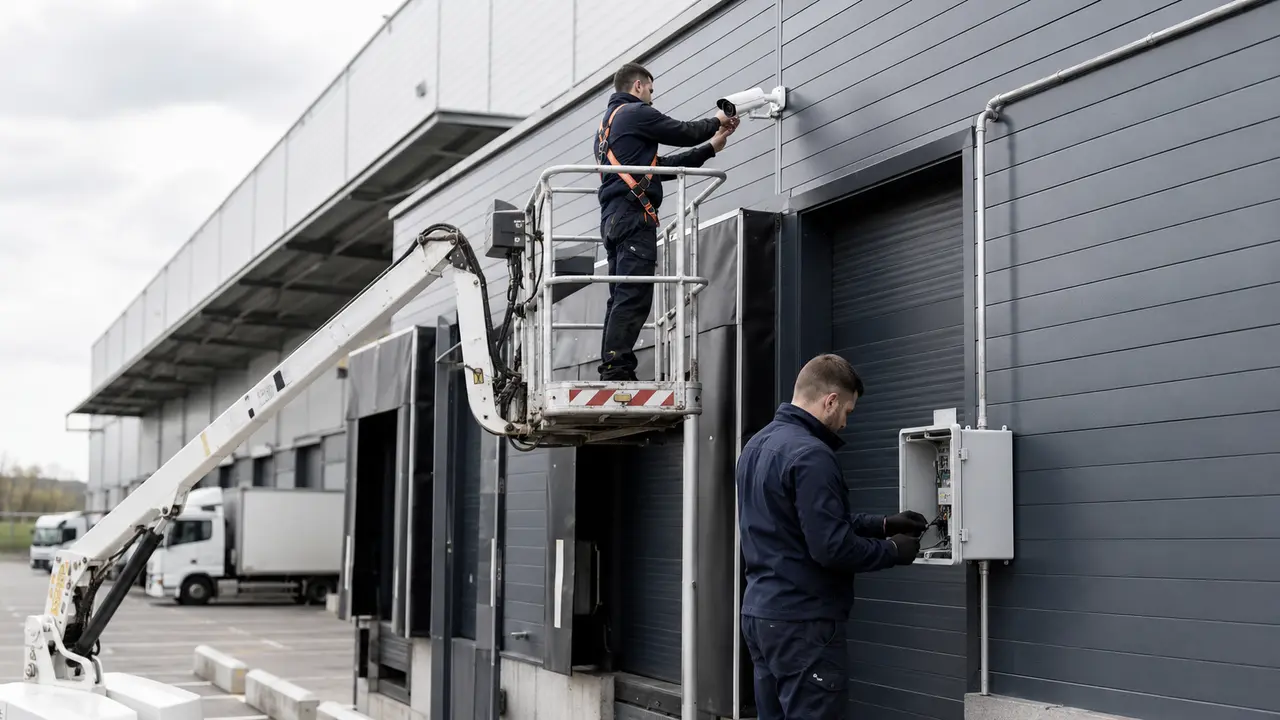Techniciens installant des caméras de surveillance sur les quais d’un entrepôt logistique à Amiens