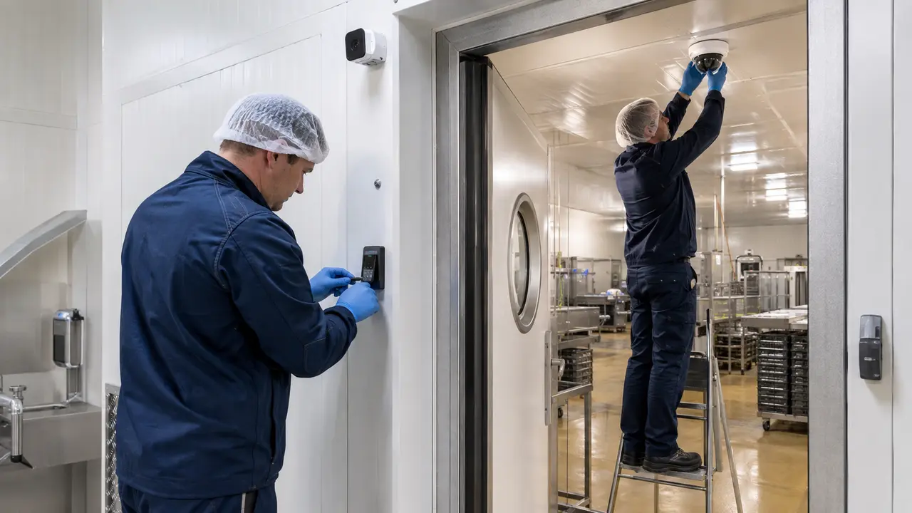 Techniciens installant une caméra et un lecteur de badge dans un entrepôt agroalimentaire près d’Arras