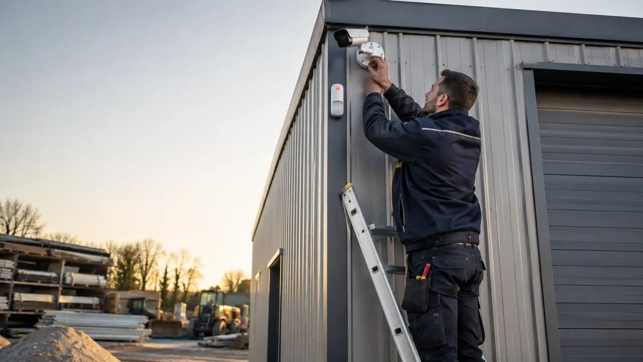 Technicien posant une caméra extérieure et une détection périmétrique dans un dépôt BTP à Beauvais
