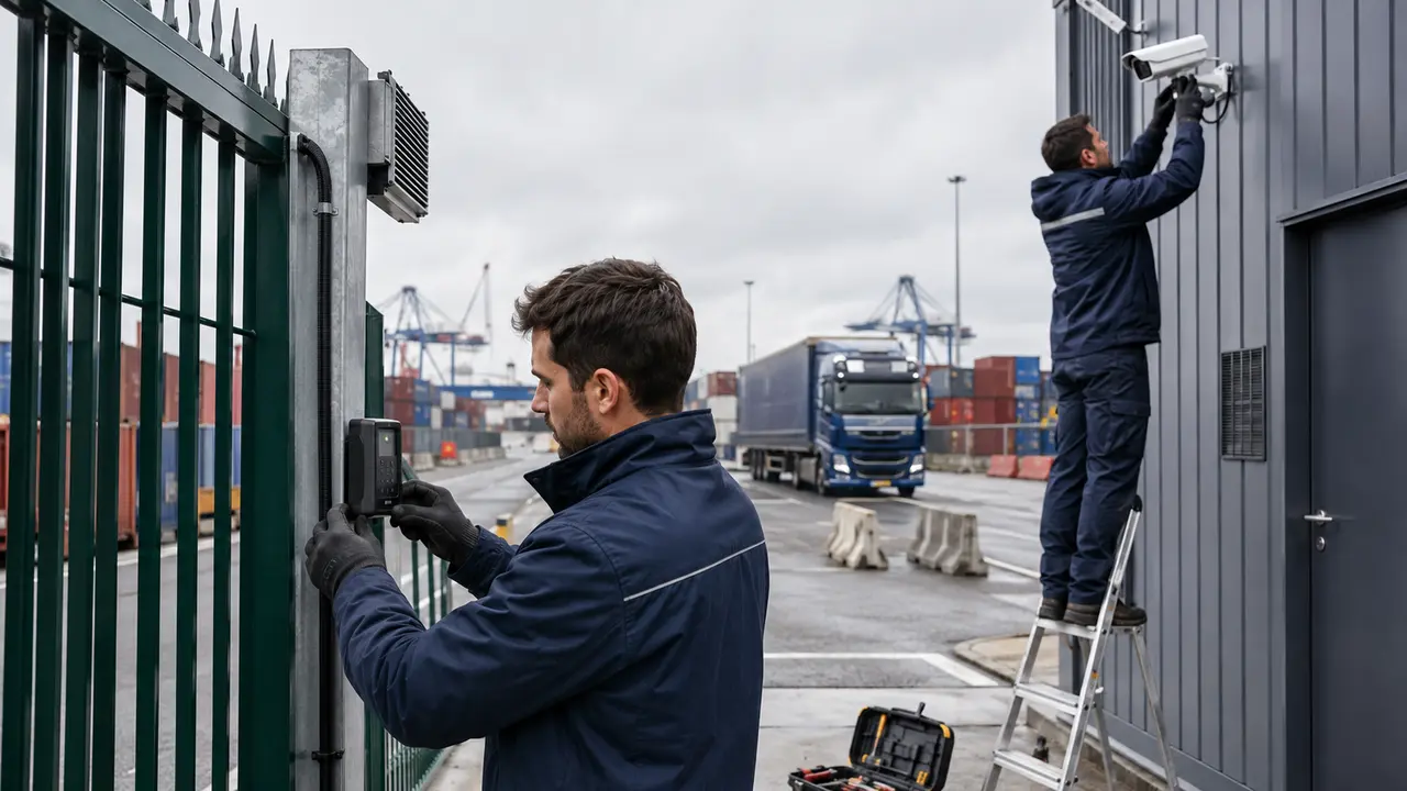 Techniciens installant une caméra et un contrôle d’accès sur un site de logistique portuaire à Dunkerque