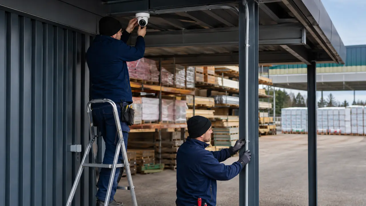 Techniciens posant une caméra extérieure dans une cour de stockage de matériaux près de Lens