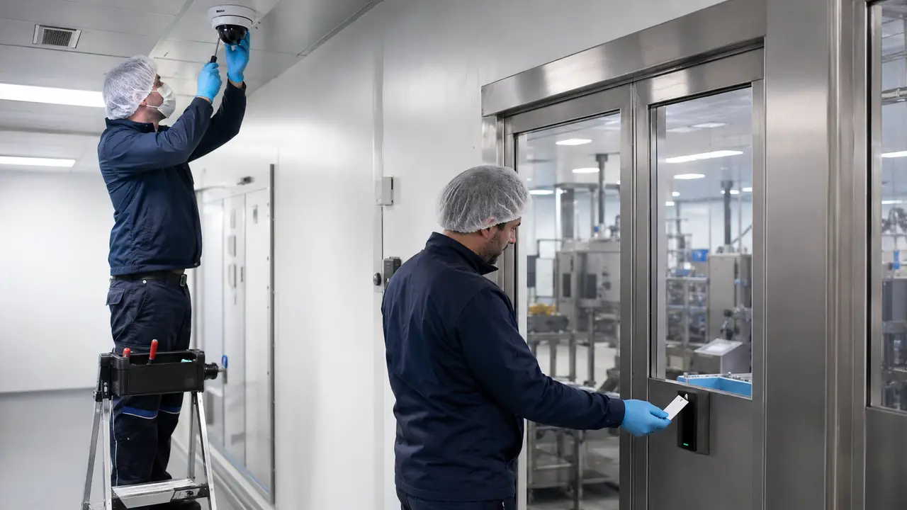 Techniciens installant une caméra et un lecteur de badge dans une usine agroalimentaire près de Lille