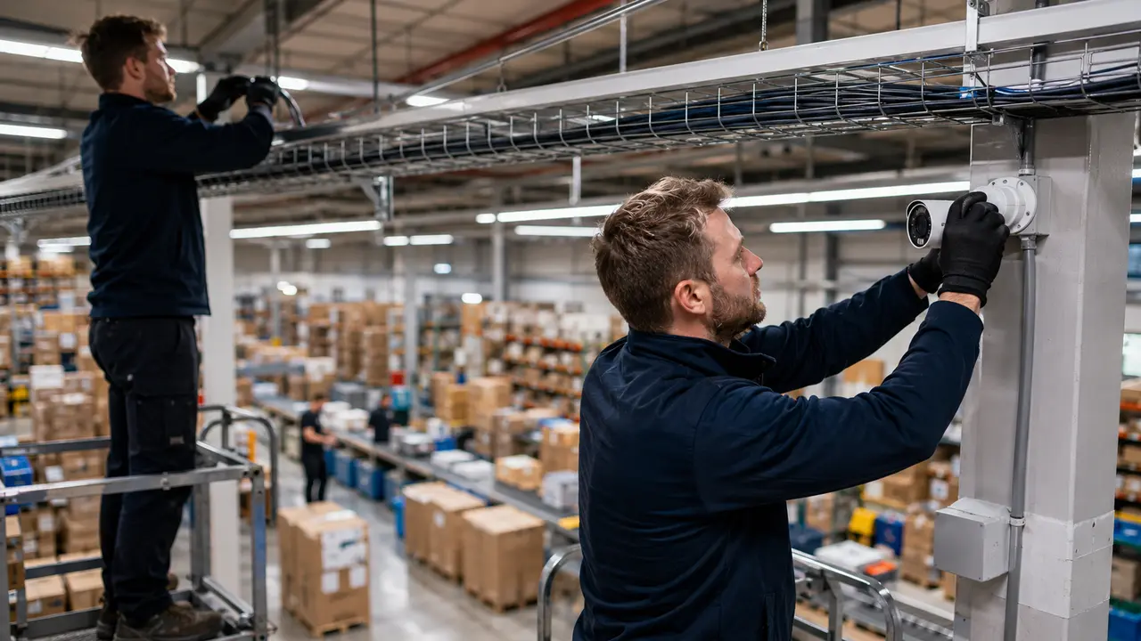 Techniciens installant des caméras dans un entrepôt e-commerce à Roubaix