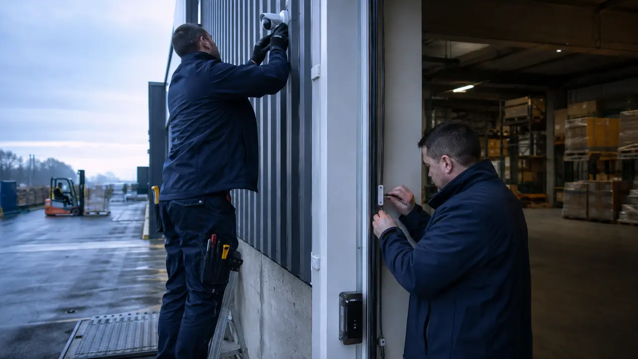 Techniciens installant une caméra et un contact d’alarme dans un entrepôt de distribution à Saint-Quentin