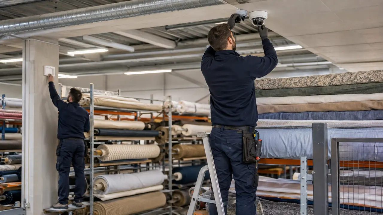 Techniciens posant des caméras et un détecteur dans un entrepôt textile à Tourcoing