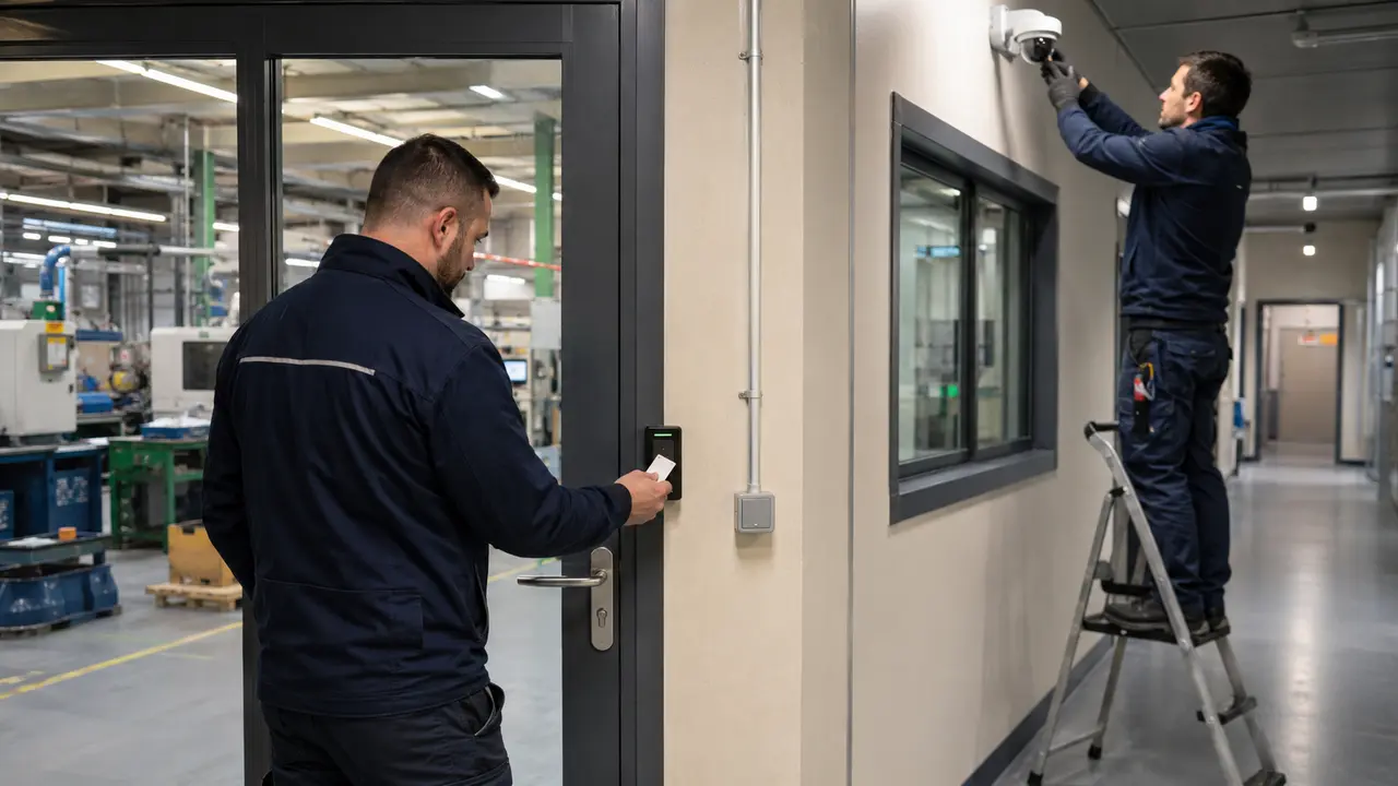 Techniciens installant une caméra et un lecteur de badge sur un site de production près de Valenciennes