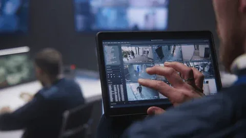 Opérateur consultant plusieurs flux de vidéosurveillance sur une tablette dans un centre de supervision