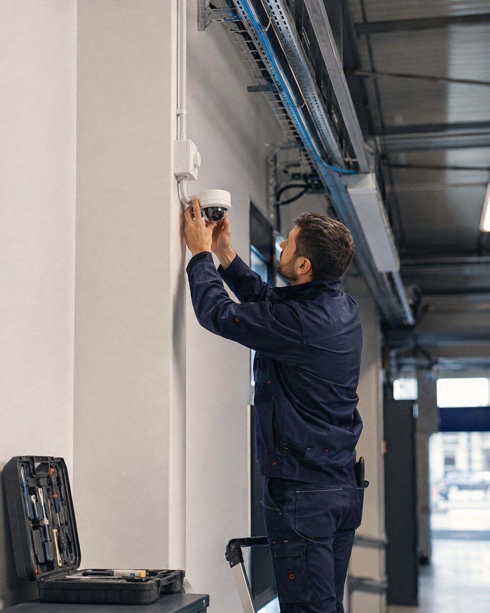 Technicien réglant une caméra de vidéosurveillance dans des locaux professionnels