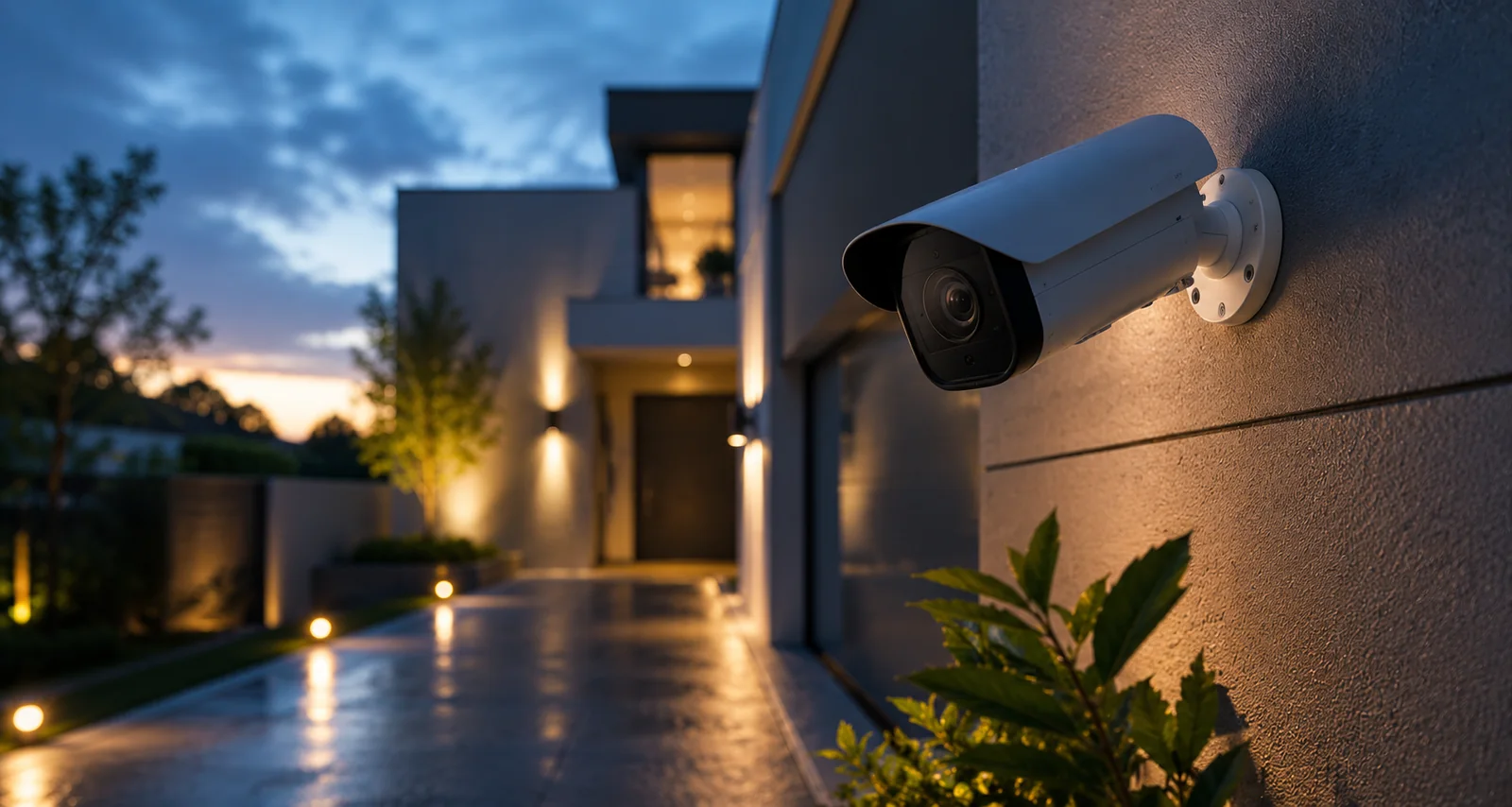 Caméra de vidéosurveillance installée sur la façade d'un bâtiment professionnel au crépuscule