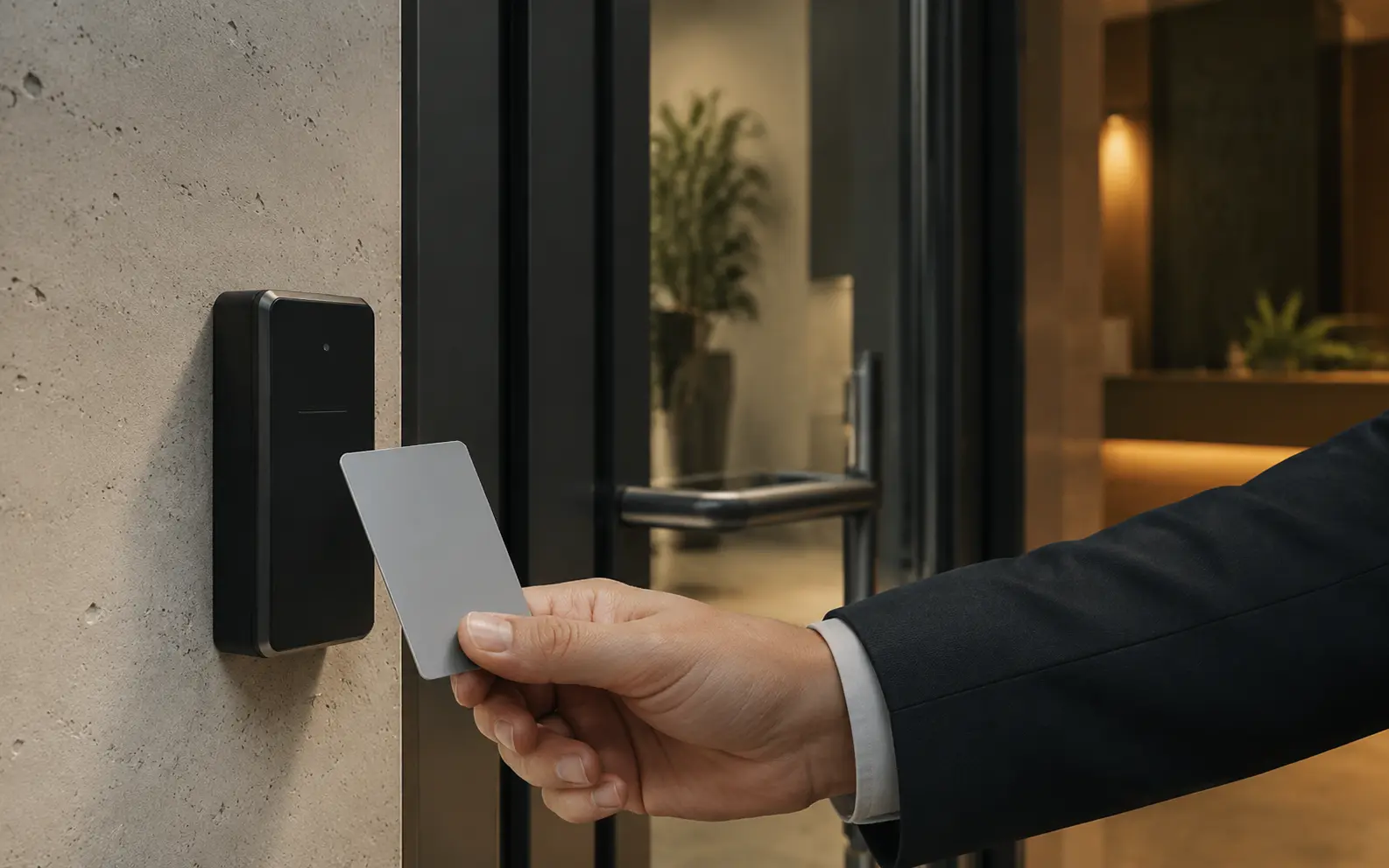 Professionnel présentant un badge devant un lecteur de contrôle d'accès moderne