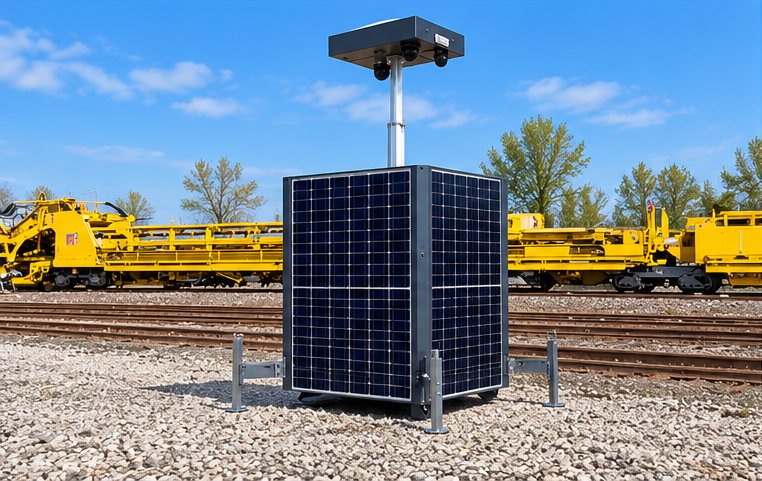 Tourelle compacte à panneaux solaires intégrés au coffret, posée sur plots le long d'une voie ferrée