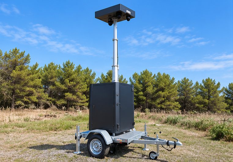 Tourelle de surveillance iTelco sur remorque, posée sur un terrain