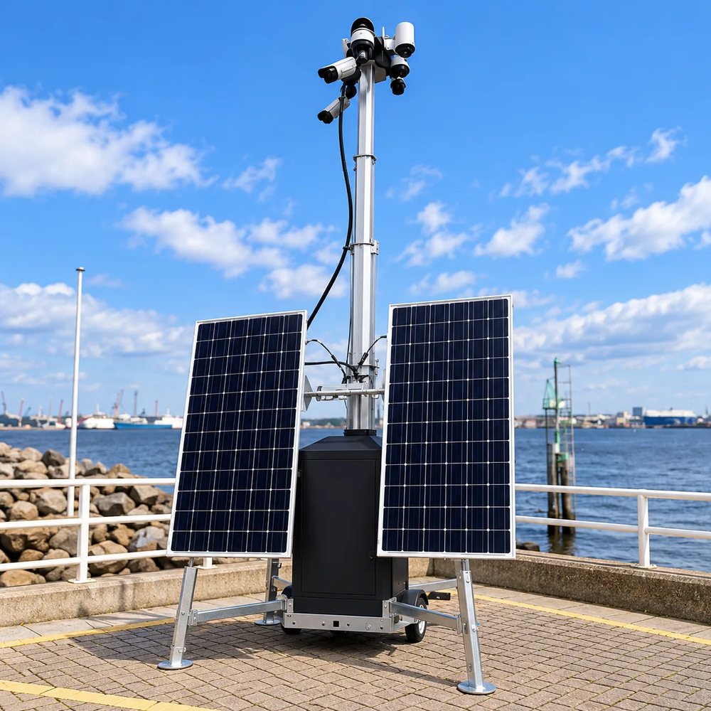 Tourelle de surveillance solaire avec deux panneaux déployés et six caméras en tête de mât, installée sur un quai portuaire